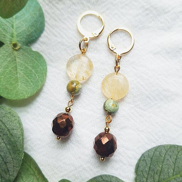 Boho Gold Jasper Earrings, Elegant Hippie Earrings, Soft Whimsigoth Earrings, - Picture 1 of 7